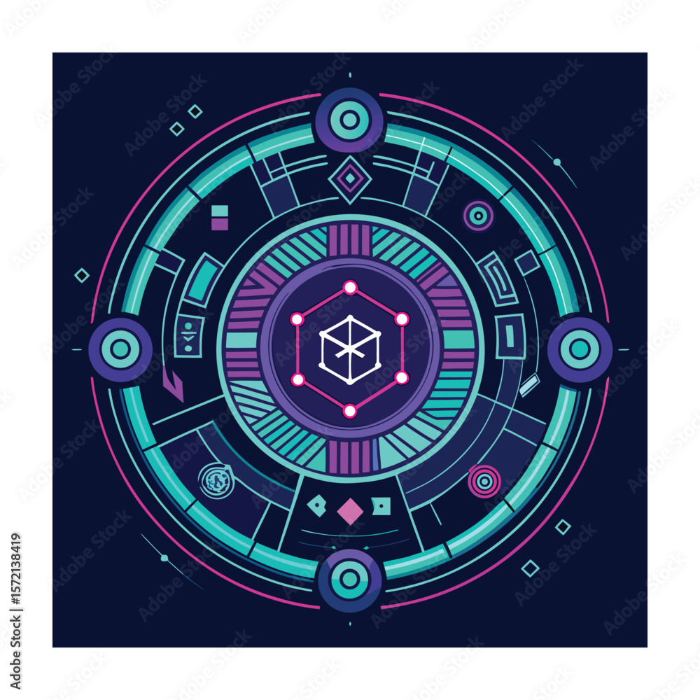 Poster futuristic geometric design: circular pattern with abstract icon in neon colors