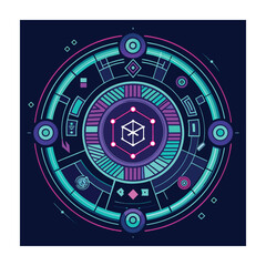 Futuristic Geometric Design: Circular Pattern with Abstract Icon in Neon Colors