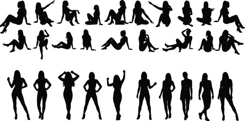 Silhouette collection of women in standing and sitting poses, female figure illustrations, black vector shapes for fashion and design