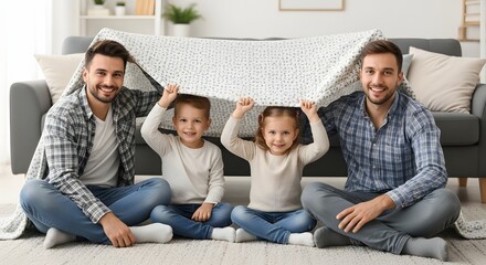 Father and kids making fun poses on sofa