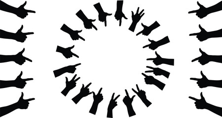 Silhouette hand gestures set, pointing fingers, peace sign, thumbs up, isolated black shapes for communication, interface, icon, vector design