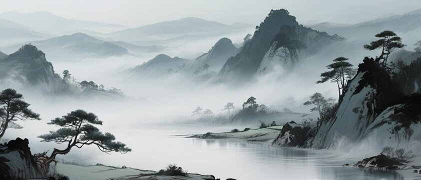 Serene Landscape Misty Mountains, Tranquil Waters, and Towering Pines in Asian-Inspired Ink Wash