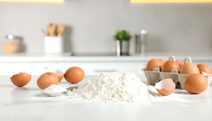 Flour and eggs on kitchen counter