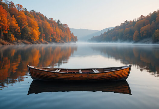 Serene Wooden Boat on Calm Water Amidst Autumn Foliage and Morning Mist