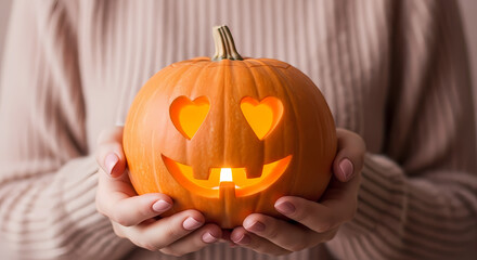 Person holding a carved pumpkin with heart-shaped eyes and a lit candle inside.