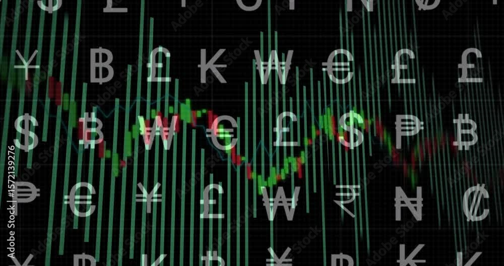 Poster Opening on grid with currency symbols fading bars animating, chart fluctuating visualizing markets