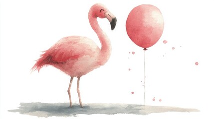 Obraz premium A delicate watercolor painting of a pink flamingo standing beside a pink balloon on a light background.
