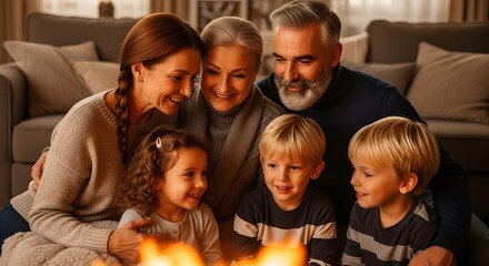 Happy family gathering on couch