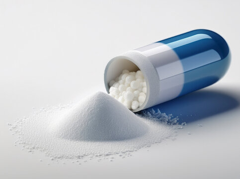 An opened capsule spilling white powder onto a clean white surface.