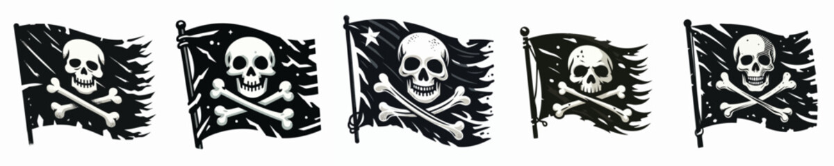 Vintage Pirate Flag Illustrations – Jolly Roger Skull and Crossbones Vector Set