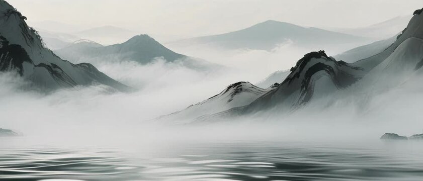 Serene Mountain Landscape with Foggy River A Peaceful Nature Scene of Overlapping Peaks and Calm Water