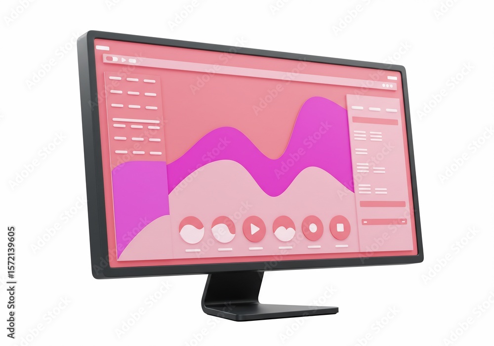 Poster modern monitor displaying pink and purple data visualization interface on white background