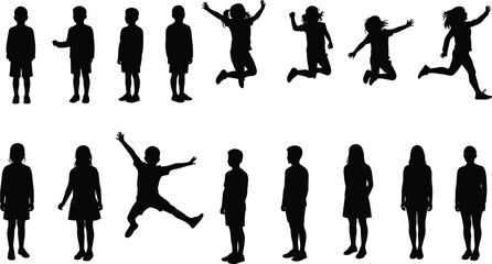 Silhouettes of children standing, jumping, running, active kids illustration, playful movement, energetic youth, black vector outline, isolated child poses