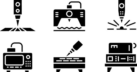 Laser cutting engraving machines vector icon set industrial equipment manufacturing process automation technology