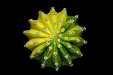 Close up top view of echinopsis subdenudata variegata. Isolated on black background