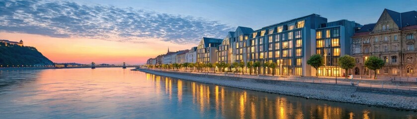 Obraz premium Riverfront hotel concept. Stunning riverside buildings illuminated at sunset, tranquil atmosphere.