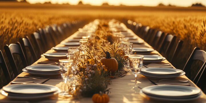 Elegant outdoor Thanksgiving dinner table setting in a golden wheat field. - Powered by Adobe
