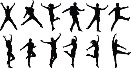 Silhouettes of people jumping, dancing in joy, energetic motion, black vector illustration, active lifestyle, expressive movement, freedom pose concept