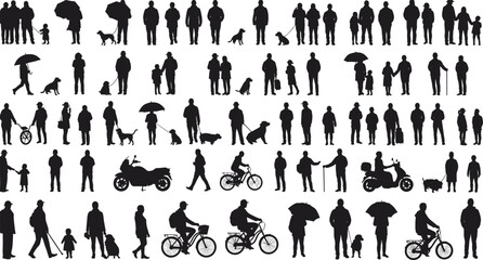 Silhouettes of people walking, biking, standing with dogs, children, umbrellas, casual street life, various poses, urban lifestyle, family scene, diversity