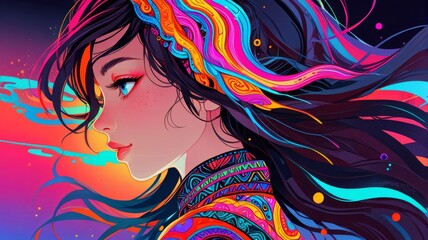 Image of a beautiful woman wearing fluorescent makeup in a calm and relaxed mood.