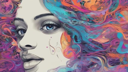 Image of a beautiful woman wearing fluorescent makeup in a calm and relaxed mood.