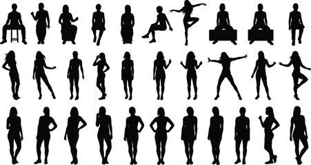 Silhouettes of women sitting, standing, and posing, elegant female body posture collection for fashion, design, vector art, illustration