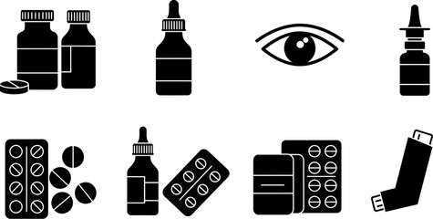 Medical supplies icons set vector illustration of pills bottles and eye drops for healthcare design