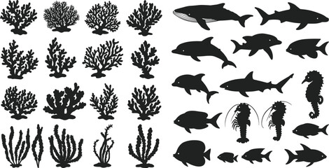 Underwater coral reef marine life silhouette, tropical fish dolphin shark seahorse vector illustration, ocean animals, aquatic plants, black design