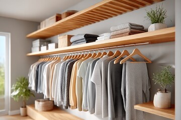 Organized closet with wooden shelves