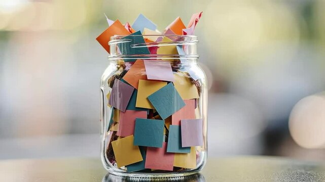 Glass jar filled with colorful paper squares on a table
