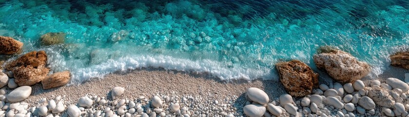 A serene pebble beach with clear turquoise water gently washing over white and brown stones under bright sunlight.