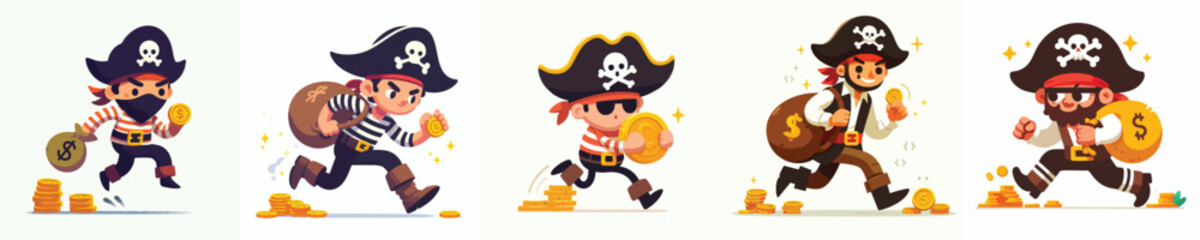 Funny Pirate Characters Running with Treasure – Cartoon Gold Robbery Vector Set