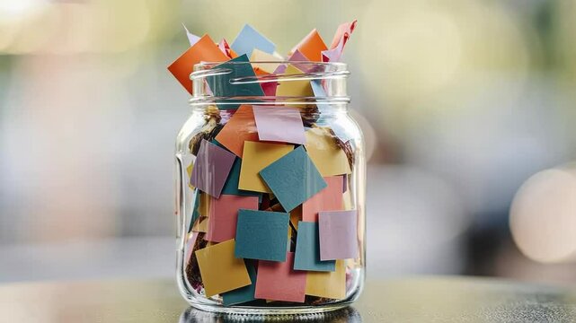 Colorful paper squares fill a glass jar on a blurry bokeh background