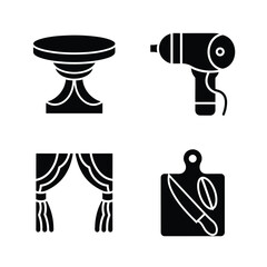 Four black icons of household objects and tools graphic