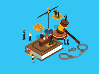 Isometric Illustration of Legal System with Judge, Lawyers, Gavel, Scales of Justice, and Handcuffs 3d vector illustration