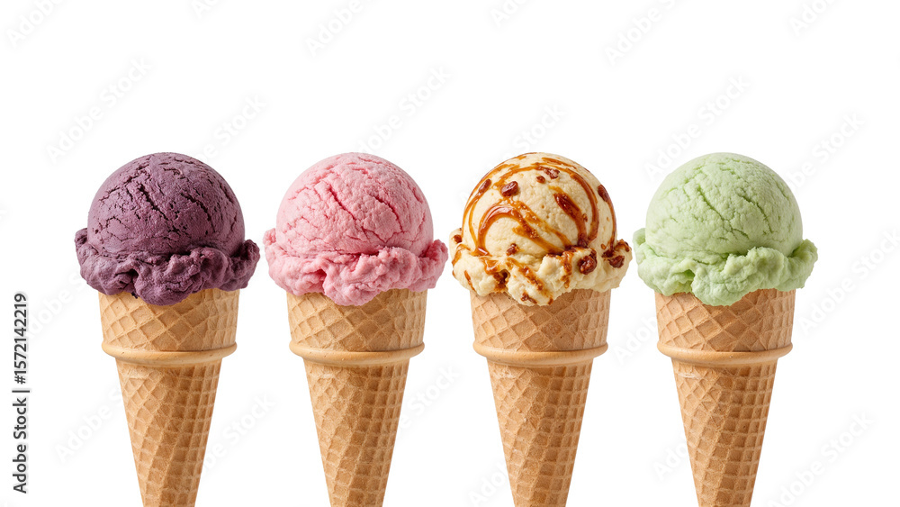 Poster delightful array of assorted ice cream cones, a symphony of flavors and textures presented against