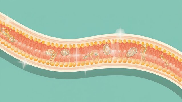 Illustration of the human intestine with different parasites, showcasing internal health and potential infections.
