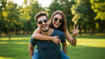 A happy couple enjoys a piggyback ride in a sunny park - Powered by Adobe