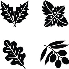 Four black leaf and olive branch icons leaves olives