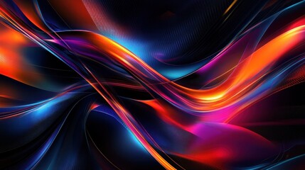 A dynamic abstract scene with sharp glowing lines, neon digital grids, and vibrant light patterns in shades of blue, orange, and purple, cutting through the darkness with energy