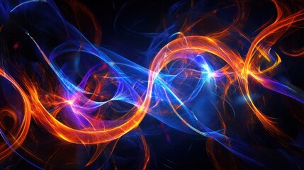 A dynamic abstract scene with sharp glowing lines, neon digital grids, and vibrant light patterns in shades of blue, orange, and purple, cutting through the darkness with energy