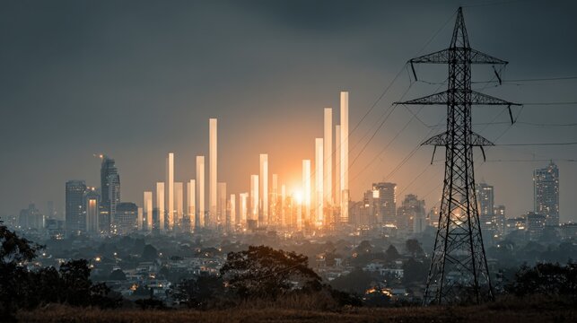 A city skyline at sunset with a glowing bar chart overlay representing data or growth, alongside a large power transmission tower in the foreground. - Powered by Adobe