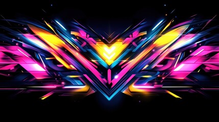 A dynamic, glowing abstract design with bright neon lines and sharp edges in pink, yellow, and blue, set against a dark background for a futuristic feel