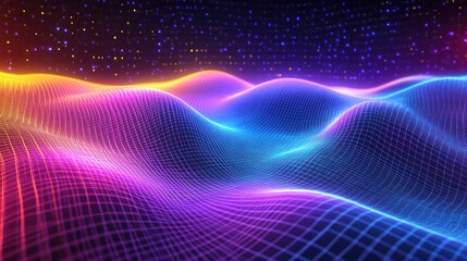 A dynamic neon abstract design with glowing lines, digital grid patterns, and vibrant purple, blue, and yellow hues, evoking a sense of speed and movement