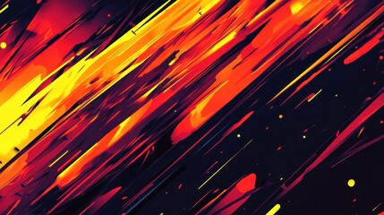 A fiery, intense abstract design with streaks of neon orange, red, and yellow, cutting across a dark background in sharp, angular patterns