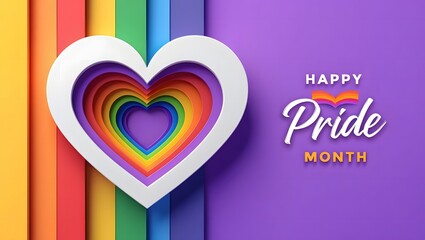 Vibrant Pride Month Celebration with Rainbow Heart and Bold Typography on Purple Background