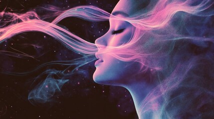 A fluid abstract background with flowing neon trails in soft hues of pink, lavender, and blue, gently glowing against a dark space to evoke calmness