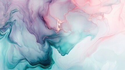 A fluid abstract background with glowing light lines, smooth gradients in shades of teal, pink, and lavender, creating a soft and relaxing visual experience