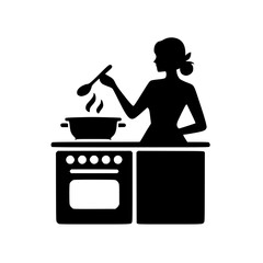 Cooking person icon, black silhouette, hand with spoon, standing at stove, minimal clipart