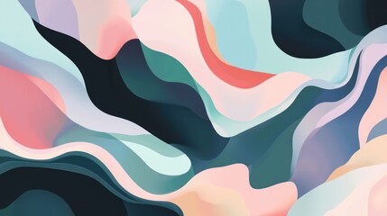 A fluid abstract background with smooth, flowing lines in shades of pastel pink, teal, and lavender, set against a dark canvas for a tranquil effect